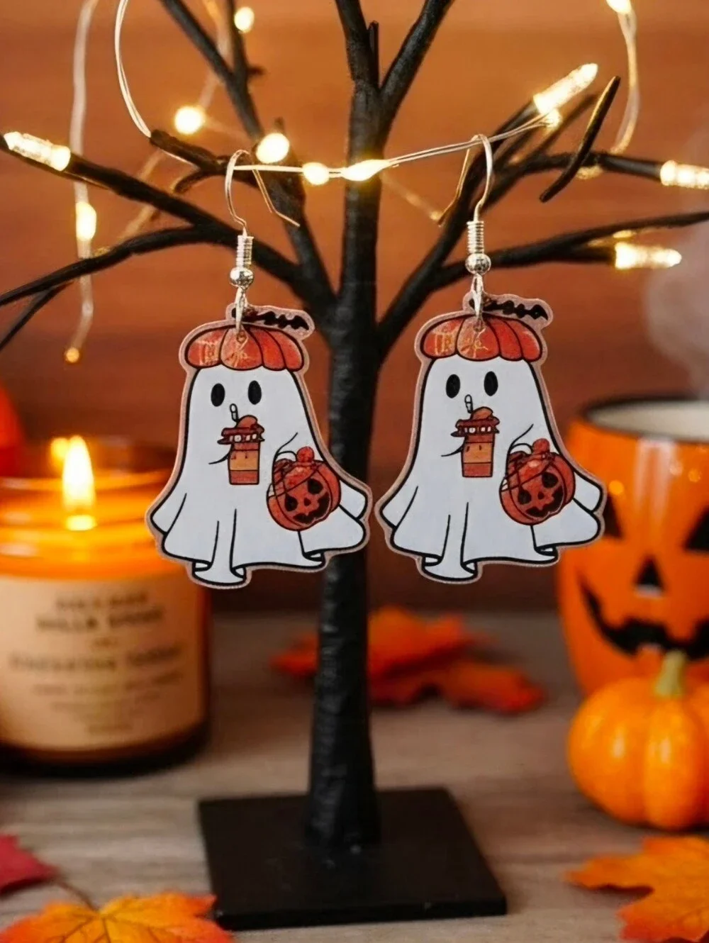 Kids Halloween Ghost Dangle Earrings - White & Orange